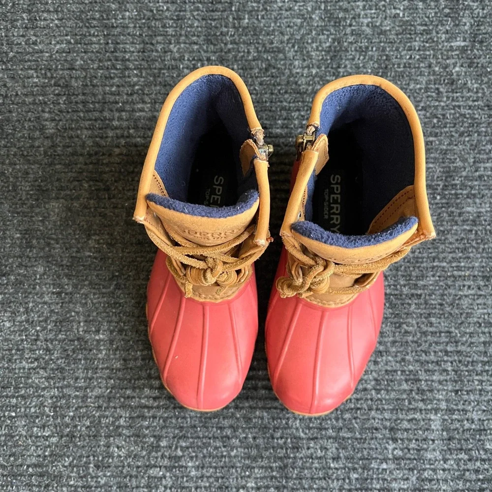 Sperry Saltwater Duck Boots Kids 11M Pink Tan Waterproof Side Zip rain snow shoe